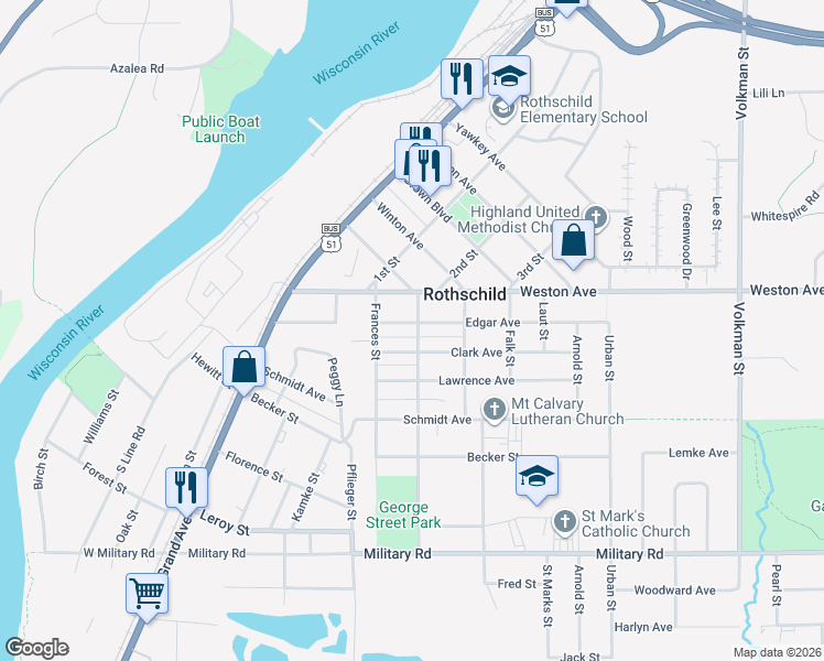 map of restaurants, bars, coffee shops, grocery stores, and more near 313 Edgar Avenue in Rothschild