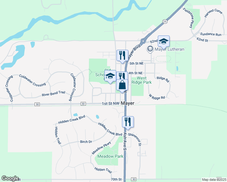 map of restaurants, bars, coffee shops, grocery stores, and more near 205 2nd Street Northwest in Mayer