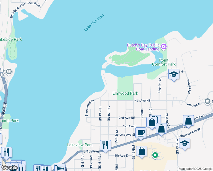 map of restaurants, bars, coffee shops, grocery stores, and more near Shorewood Drive in Menomonie