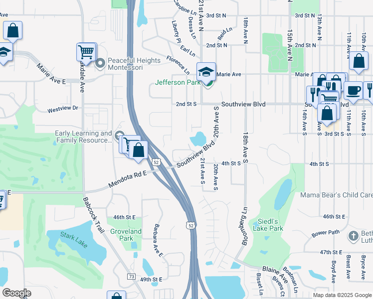 map of restaurants, bars, coffee shops, grocery stores, and more near 2200 Southview Boulevard in South Saint Paul