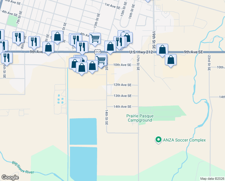 map of restaurants, bars, coffee shops, grocery stores, and more near 13th Avenue Southeast in Watertown