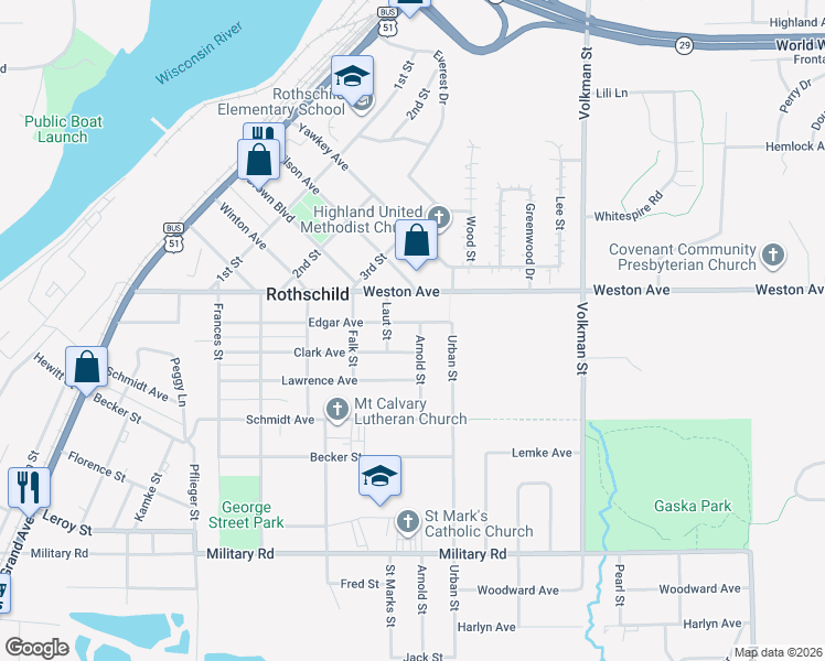 map of restaurants, bars, coffee shops, grocery stores, and more near 202 Arnold Street in Rothschild