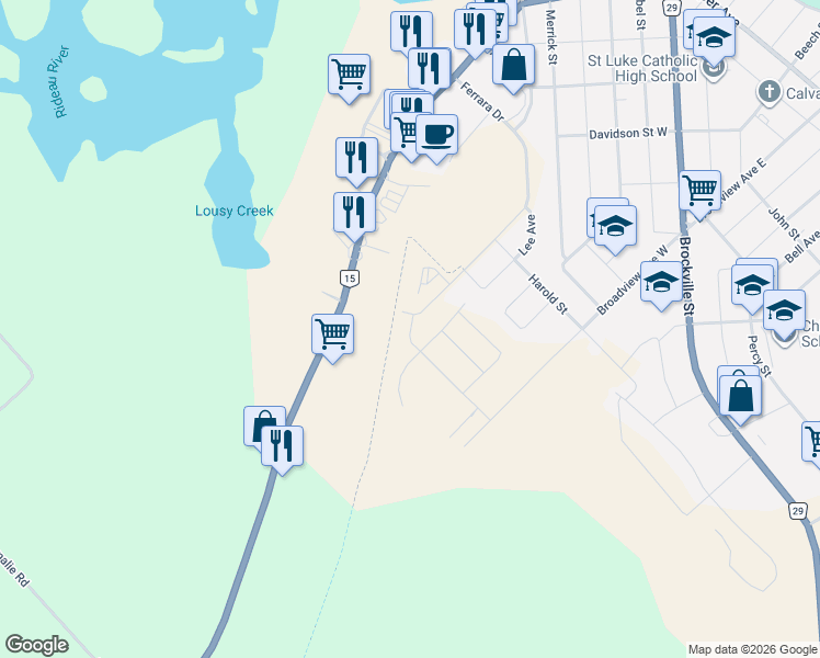 map of restaurants, bars, coffee shops, grocery stores, and more near 65 Staples Boulevard in Smiths Falls