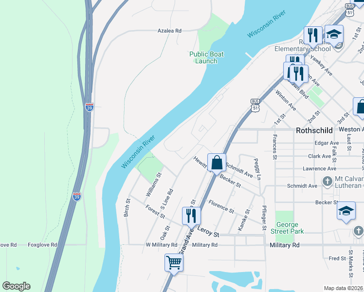 map of restaurants, bars, coffee shops, grocery stores, and more near 210 Grand Avenue in Rothschild