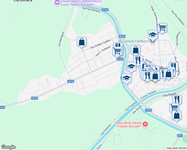 map of restaurants, bars, coffee shops, grocery stores, and more near 67 Via V. Alfieri in Bondeno