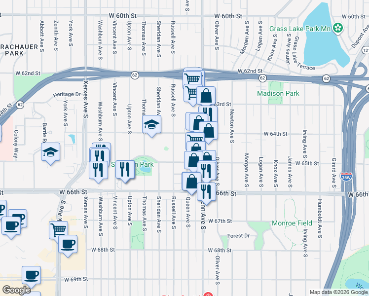 map of restaurants, bars, coffee shops, grocery stores, and more near 6444 Queen Avenue South in Minneapolis