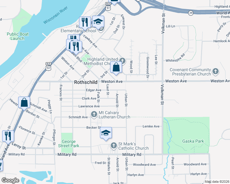 map of restaurants, bars, coffee shops, grocery stores, and more near 202 Arnold Street in Rothschild