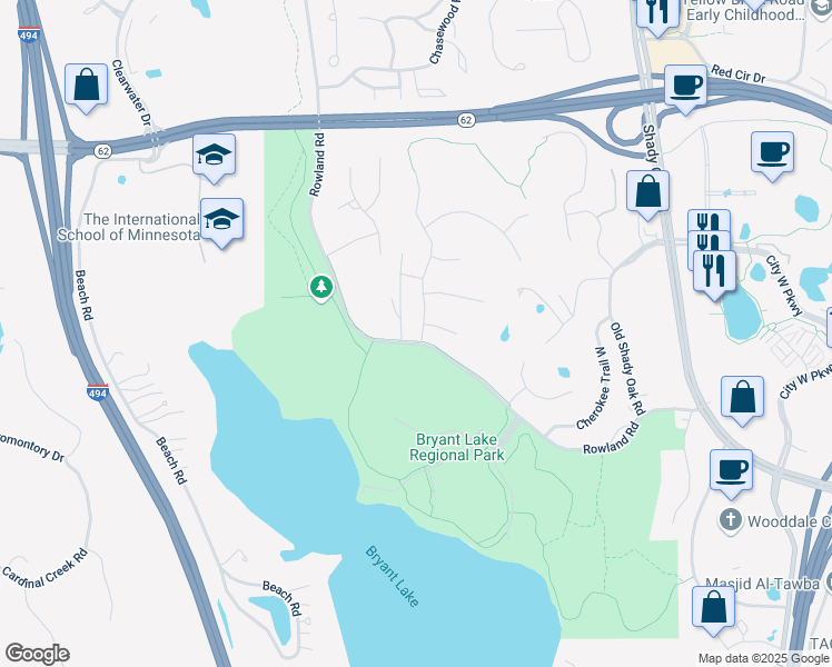 map of restaurants, bars, coffee shops, grocery stores, and more near 6472 Fallbrook Road in Eden Prairie