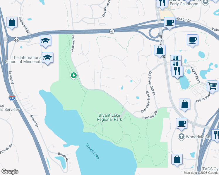 map of restaurants, bars, coffee shops, grocery stores, and more near 11815 Dunhill Road in Eden Prairie