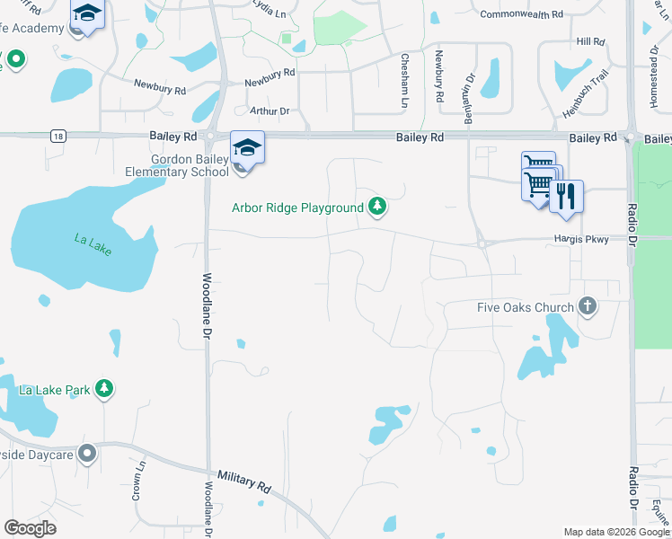 map of restaurants, bars, coffee shops, grocery stores, and more near 7435 Bailey Road in Woodbury