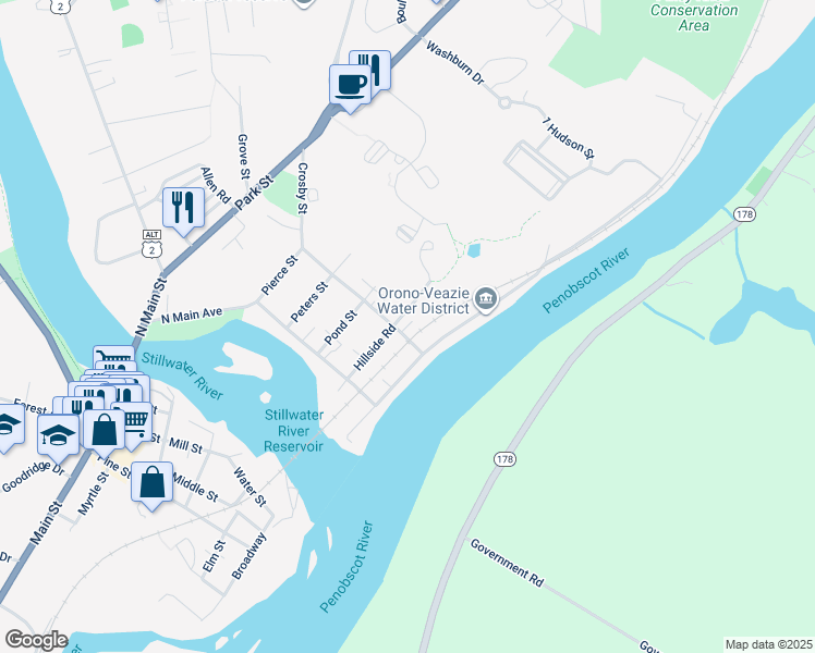 map of restaurants, bars, coffee shops, grocery stores, and more near 48 Penobscot Street in Orono