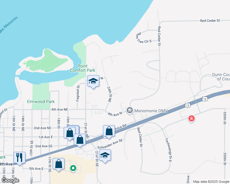 map of restaurants, bars, coffee shops, grocery stores, and more near 510 24th Street Northeast in Menomonie
