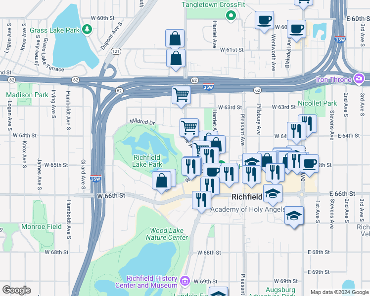 map of restaurants, bars, coffee shops, grocery stores, and more near 6400 Lyndale Avenue South in Minneapolis