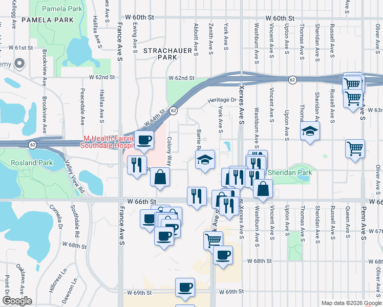map of restaurants, bars, coffee shops, grocery stores, and more near 6400 Barrie Road in Edina