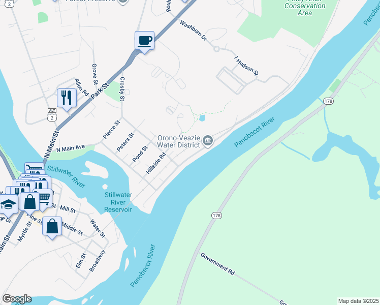 map of restaurants, bars, coffee shops, grocery stores, and more near 54 Penobscot Street in Orono