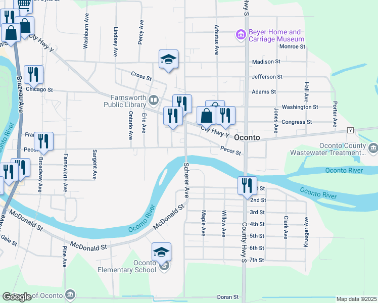 map of restaurants, bars, coffee shops, grocery stores, and more near 106 Superior Avenue in Oconto