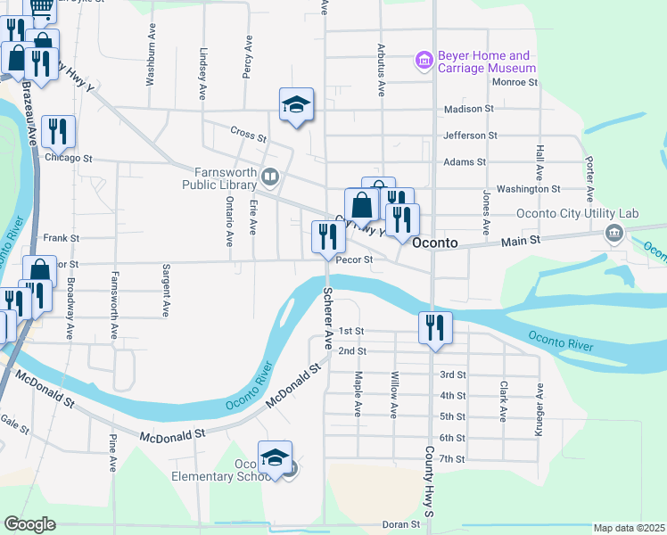 map of restaurants, bars, coffee shops, grocery stores, and more near 106 Superior Avenue in Oconto