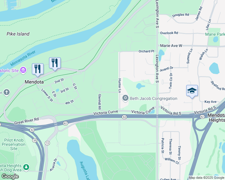 map of restaurants, bars, coffee shops, grocery stores, and more near 1190 Culligan Lane in Mendota Heights