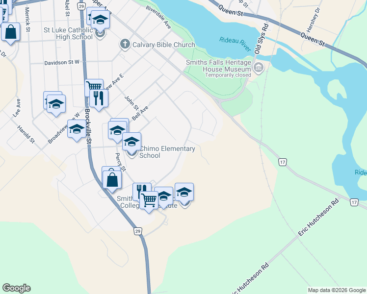 map of restaurants, bars, coffee shops, grocery stores, and more near Pearl Street in Smiths Falls