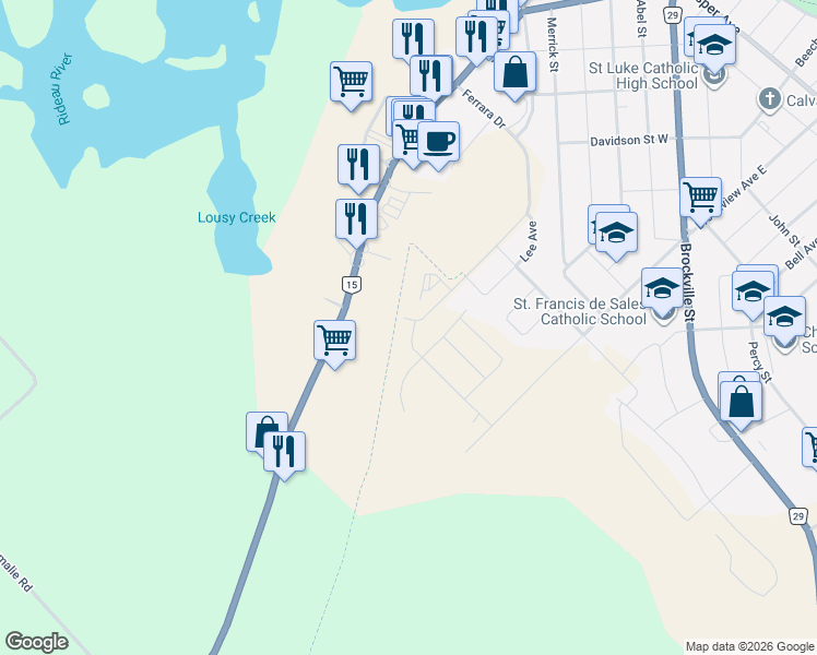 map of restaurants, bars, coffee shops, grocery stores, and more near 4 Staples Boulevard in Smiths Falls
