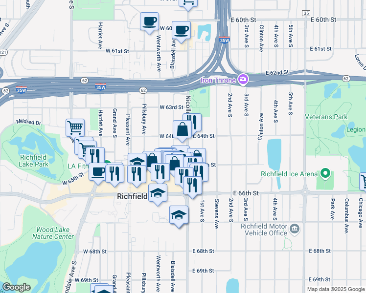 map of restaurants, bars, coffee shops, grocery stores, and more near 6429 Blaisdell Avenue in Minneapolis