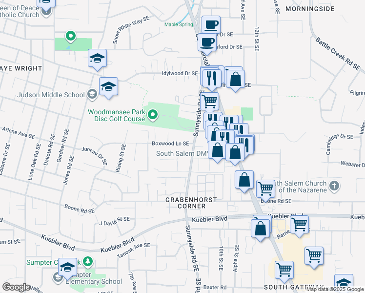 map of restaurants, bars, coffee shops, grocery stores, and more near 850 Boxwood Lane Southeast in Salem