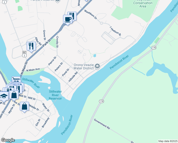 map of restaurants, bars, coffee shops, grocery stores, and more near 54 Penobscot Street in Orono