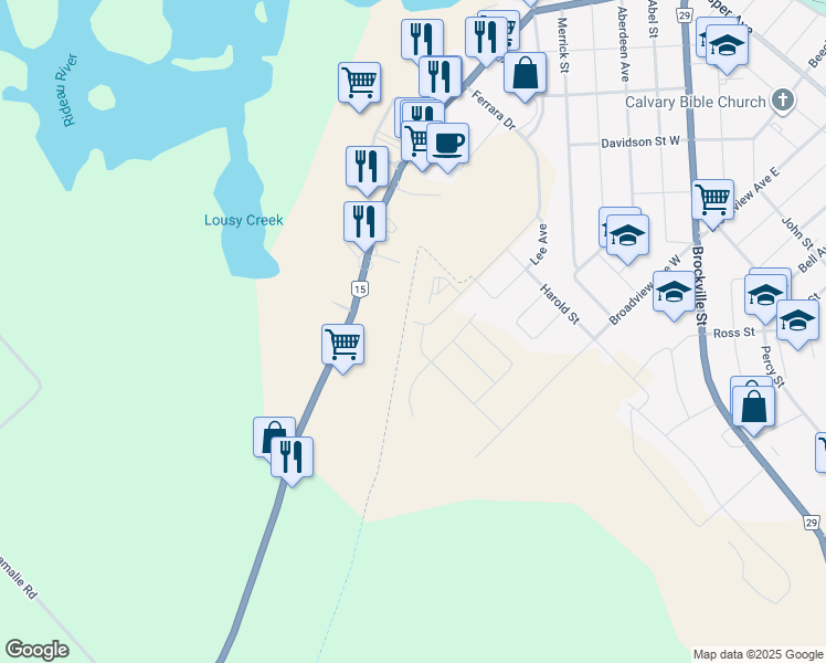 map of restaurants, bars, coffee shops, grocery stores, and more near 151 Ferrara Drive in Smiths Falls