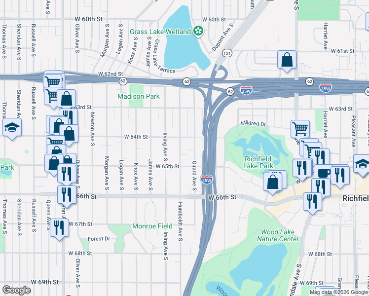 map of restaurants, bars, coffee shops, grocery stores, and more near 6428 Humboldt Avenue South in Minneapolis