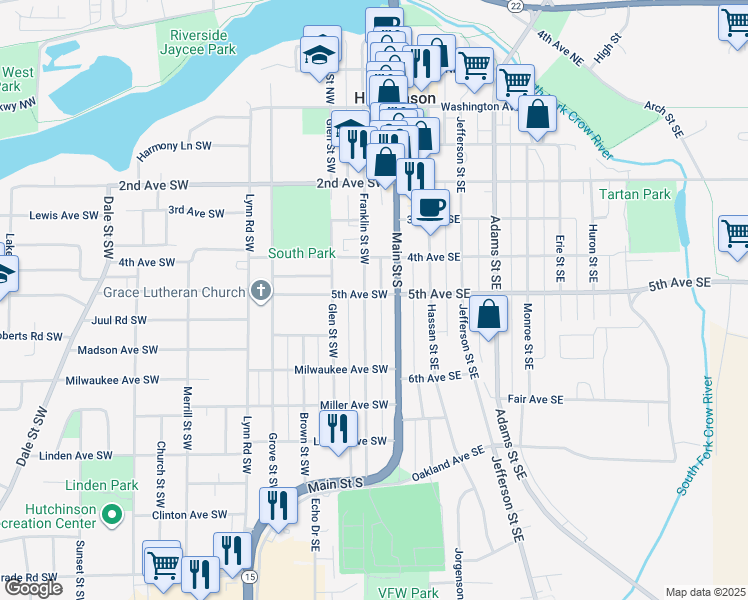 map of restaurants, bars, coffee shops, grocery stores, and more near 526 Main Street South in Hutchinson