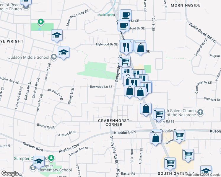 map of restaurants, bars, coffee shops, grocery stores, and more near 860 Boxwood Lane Southeast in Salem