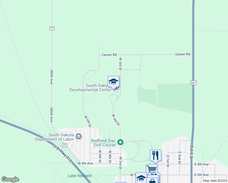 map of restaurants, bars, coffee shops, grocery stores, and more near 17267 West 3rd Street in Redfield