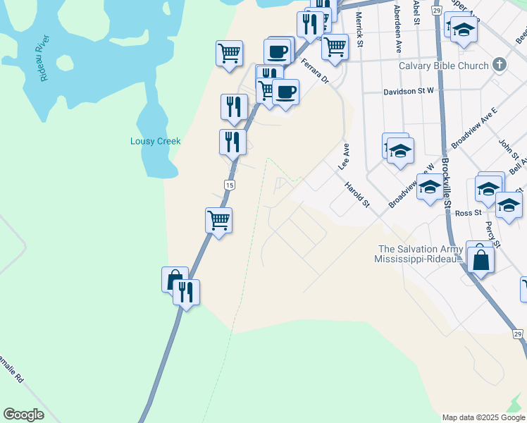 map of restaurants, bars, coffee shops, grocery stores, and more near 151 Ferrara Drive in Smiths Falls