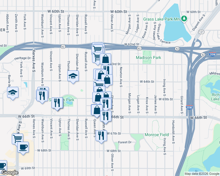 map of restaurants, bars, coffee shops, grocery stores, and more near 6416 Oliver Avenue South in Minneapolis