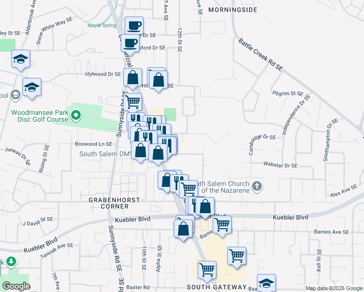 map of restaurants, bars, coffee shops, grocery stores, and more near 1264 Royvonne Avenue Southeast in Salem
