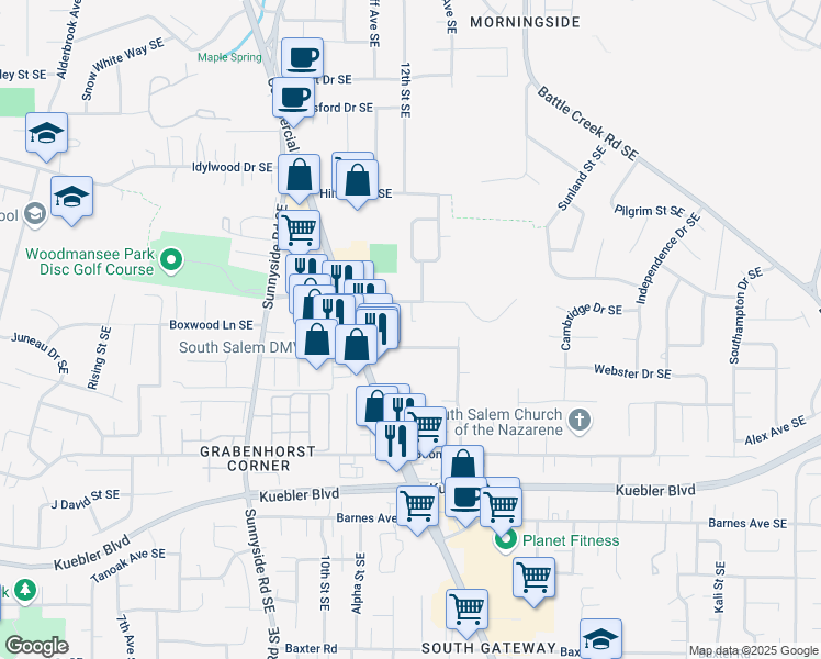 map of restaurants, bars, coffee shops, grocery stores, and more near 1264 Royvonne Avenue Southeast in Salem