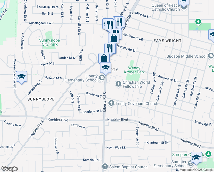 map of restaurants, bars, coffee shops, grocery stores, and more near 4932 Liberty Road South in Salem