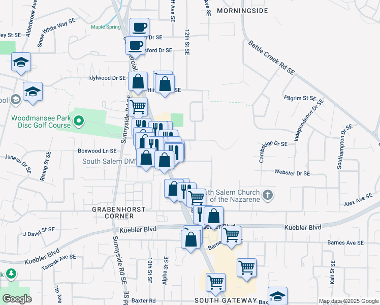 map of restaurants, bars, coffee shops, grocery stores, and more near 1264 Royvonne Avenue Southeast in Salem