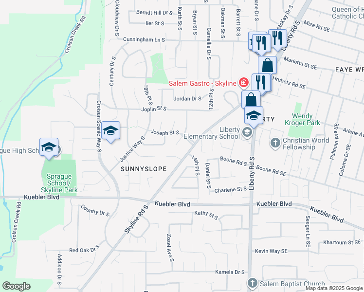 map of restaurants, bars, coffee shops, grocery stores, and more near 1545-1547 Distinctive Court South in Salem