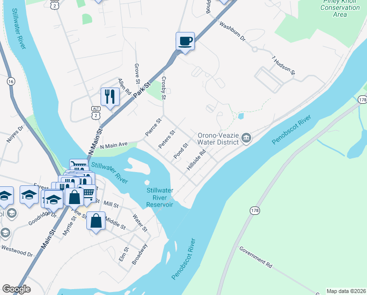 map of restaurants, bars, coffee shops, grocery stores, and more near 23 Pond Street in Orono