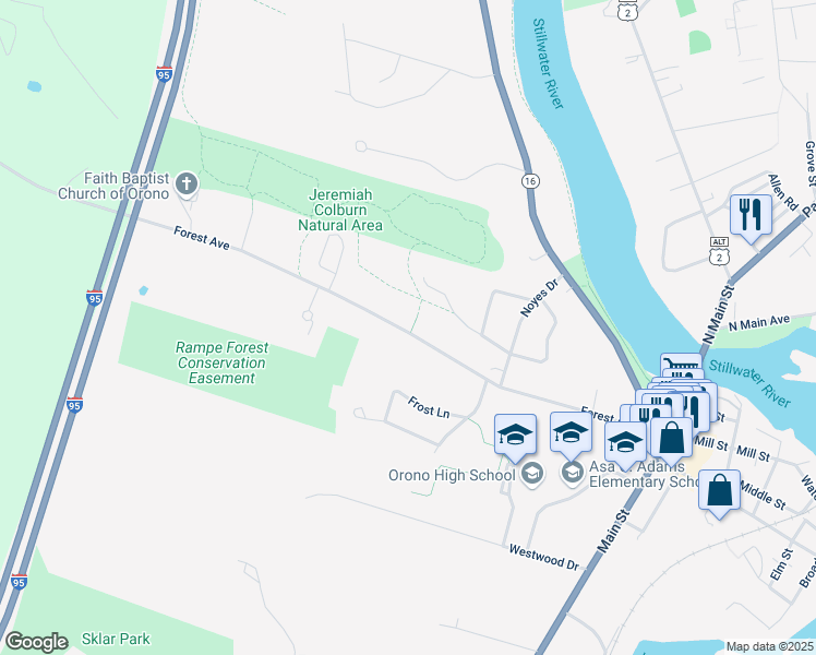 map of restaurants, bars, coffee shops, grocery stores, and more near 109 Forest Avenue in Orono