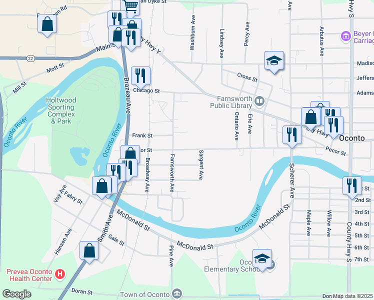 map of restaurants, bars, coffee shops, grocery stores, and more near 411 Center Street in Oconto