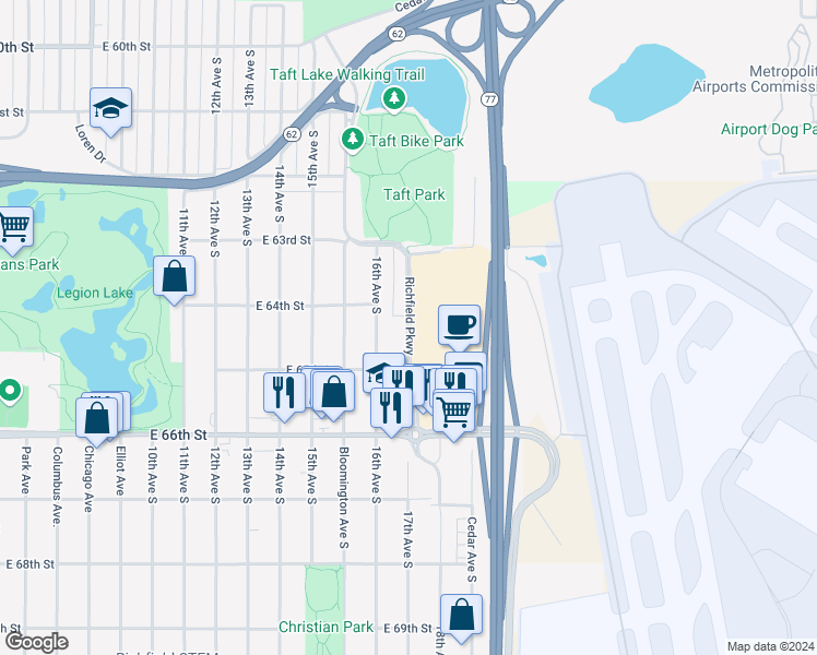 map of restaurants, bars, coffee shops, grocery stores, and more near 6426 Nokomis-Minnesota River Regional Trail in Richfield