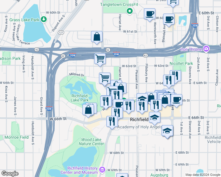 map of restaurants, bars, coffee shops, grocery stores, and more near 6437 Lyndale Avenue South in Richfield