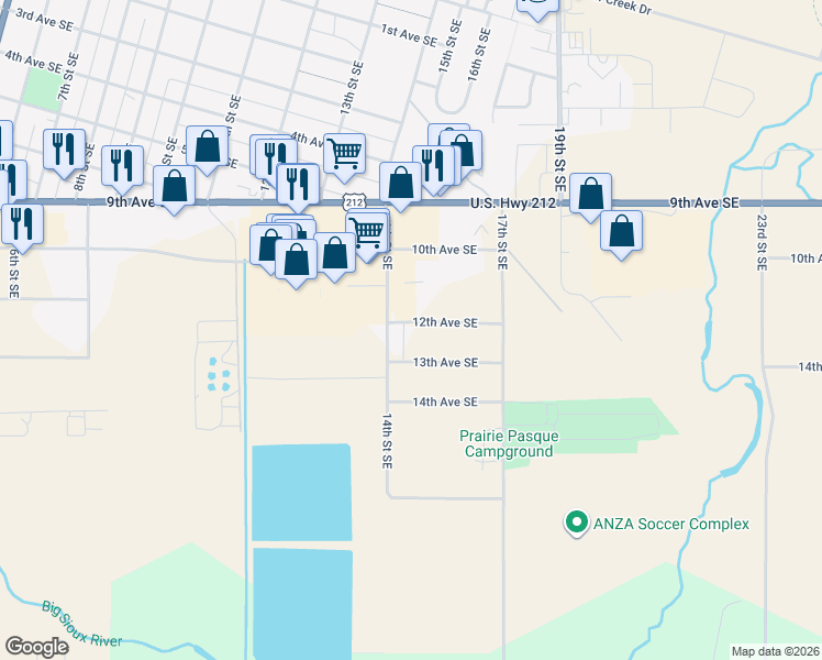 map of restaurants, bars, coffee shops, grocery stores, and more near 13th Avenue Southeast in Watertown