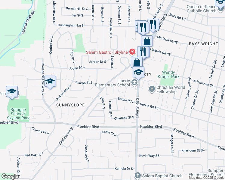 map of restaurants, bars, coffee shops, grocery stores, and more near 1327 Boone Road Southeast in Salem