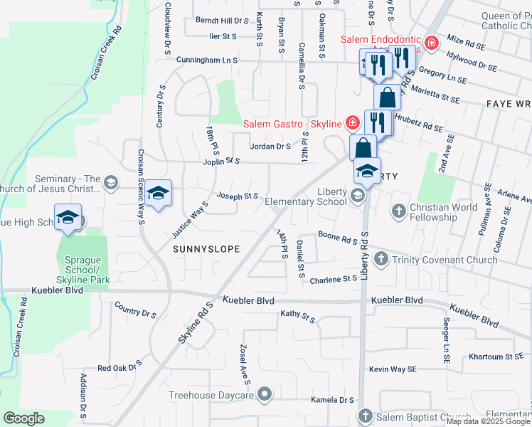 map of restaurants, bars, coffee shops, grocery stores, and more near 1545-1547 Distinctive Court South in Salem