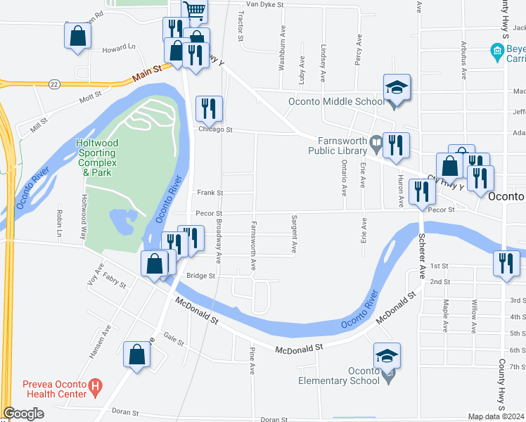 map of restaurants, bars, coffee shops, grocery stores, and more near 411 Center Street in Oconto
