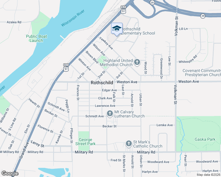 map of restaurants, bars, coffee shops, grocery stores, and more near 512 Clark Avenue in Rothschild