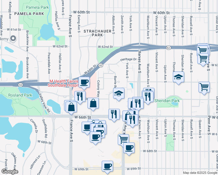 map of restaurants, bars, coffee shops, grocery stores, and more near 6415 Colony Way in Minneapolis